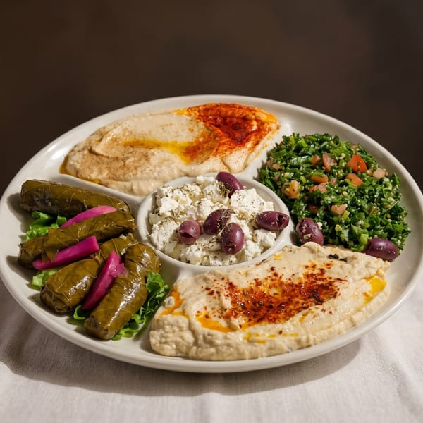 A white platter with hummus, tabbouleh, feta cheese with olives, and stuffed grape leaves.