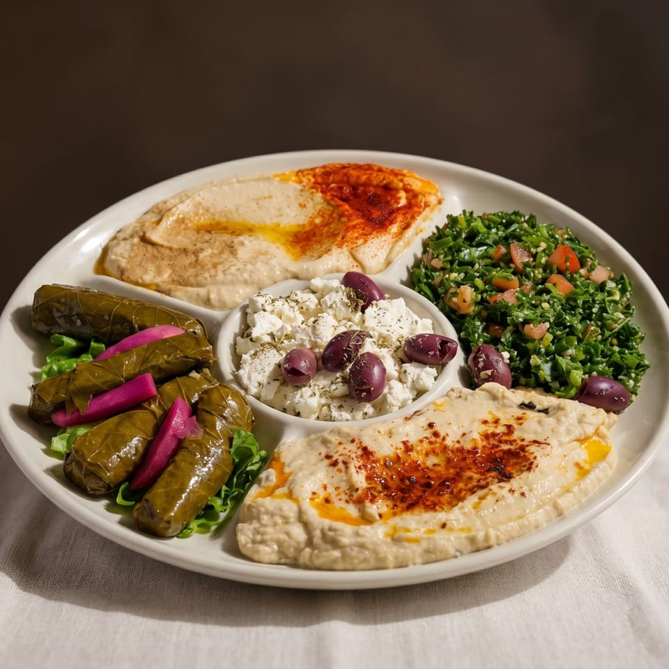 A white platter with hummus, tabbouleh, feta cheese with olives, and stuffed grape leaves.